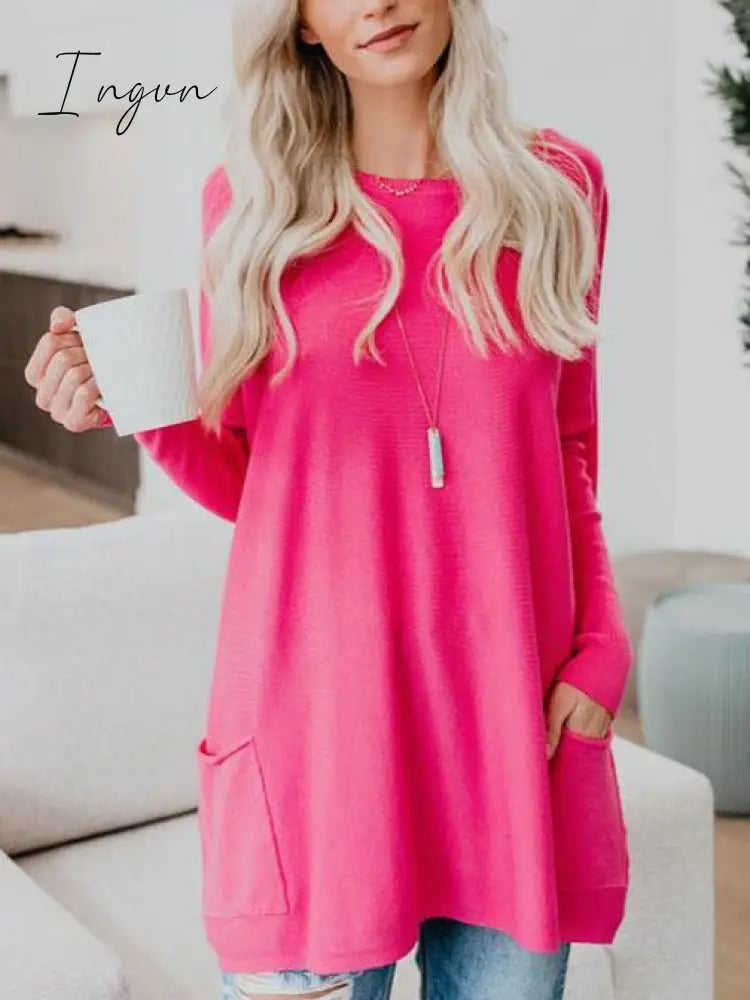 Ingvn - Casual Pockets Long Sleeve Solid Tops
