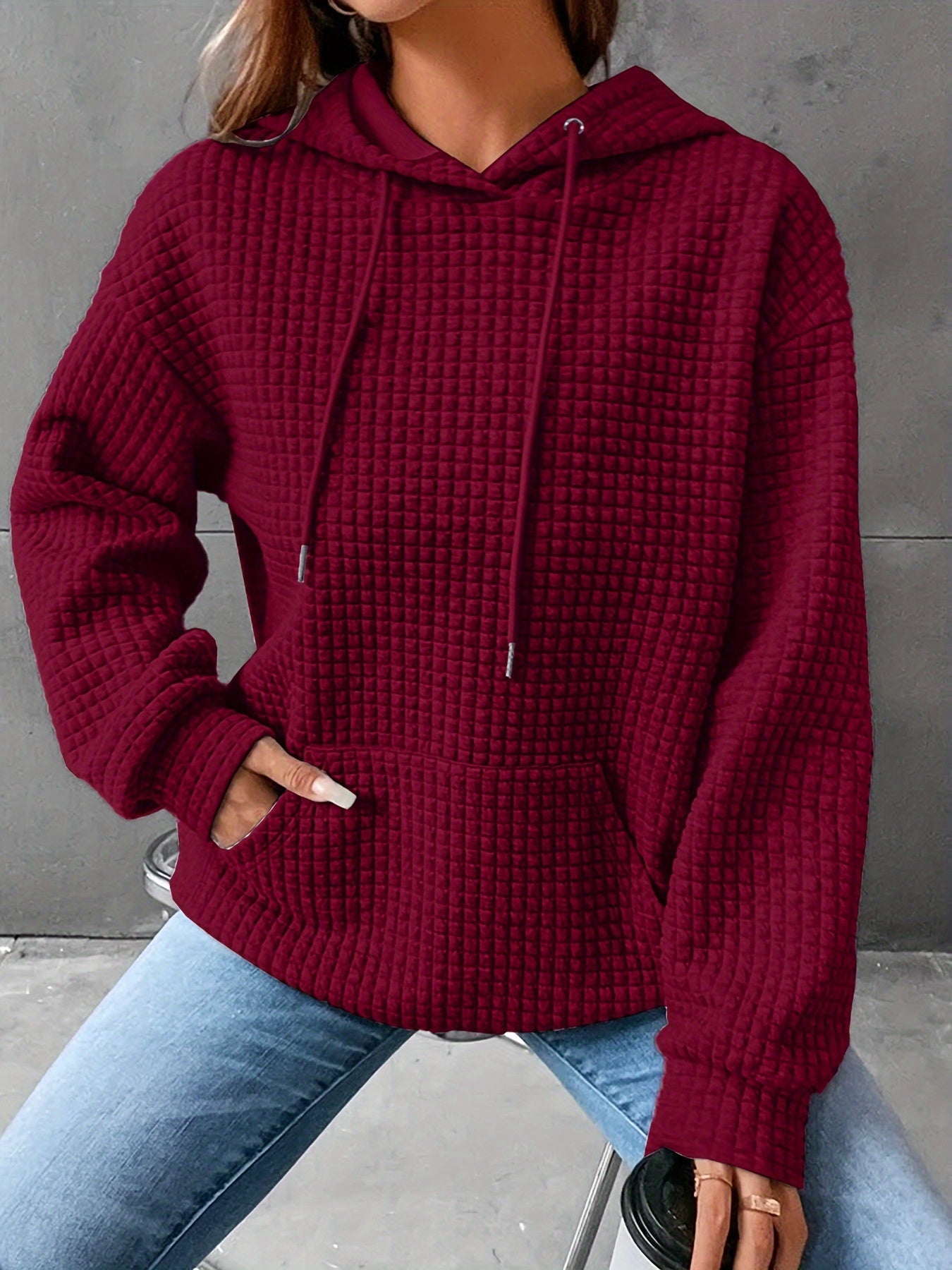Waffle Grid Kangaroo Pocket Hoodie, Casual Long Sleeve Drawstring Hoodies Sweatshirt, Women's Clothing