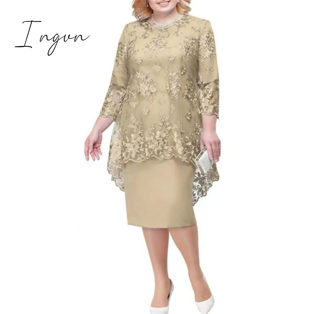 Ingvn - Women Plus Size Dress O-neck Midi Loose Dress M-5XL Lady Evening Lace Mesh Sexy Elegant Dress Female Clothing Summer Autumn