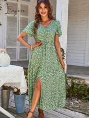 Ingvn - Ladies Vintage Long Floral Print Summer Dress Women Loose Casual Button Bohemian Beach Dress Women Sundress Robe Vestidos Female