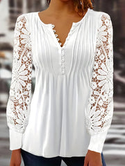 Vibrant Lace Accent Pleated Front Long Sleeve T-Shirt - Chic Button V Neck, Casual Everyday Wear, Soft Fabric, Flattering Fit, Women's Stylish Clothing for Daily Life
