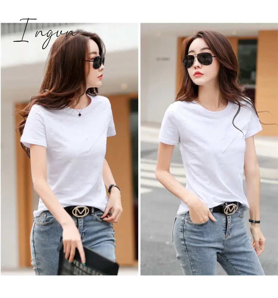 Ingvn - Short Sleeve Summer Women Ribbed Cotton Tee-Shirts Female Button Loose Casual Fashion T-shirts Blue O-Neck Korea Tops S-3XL