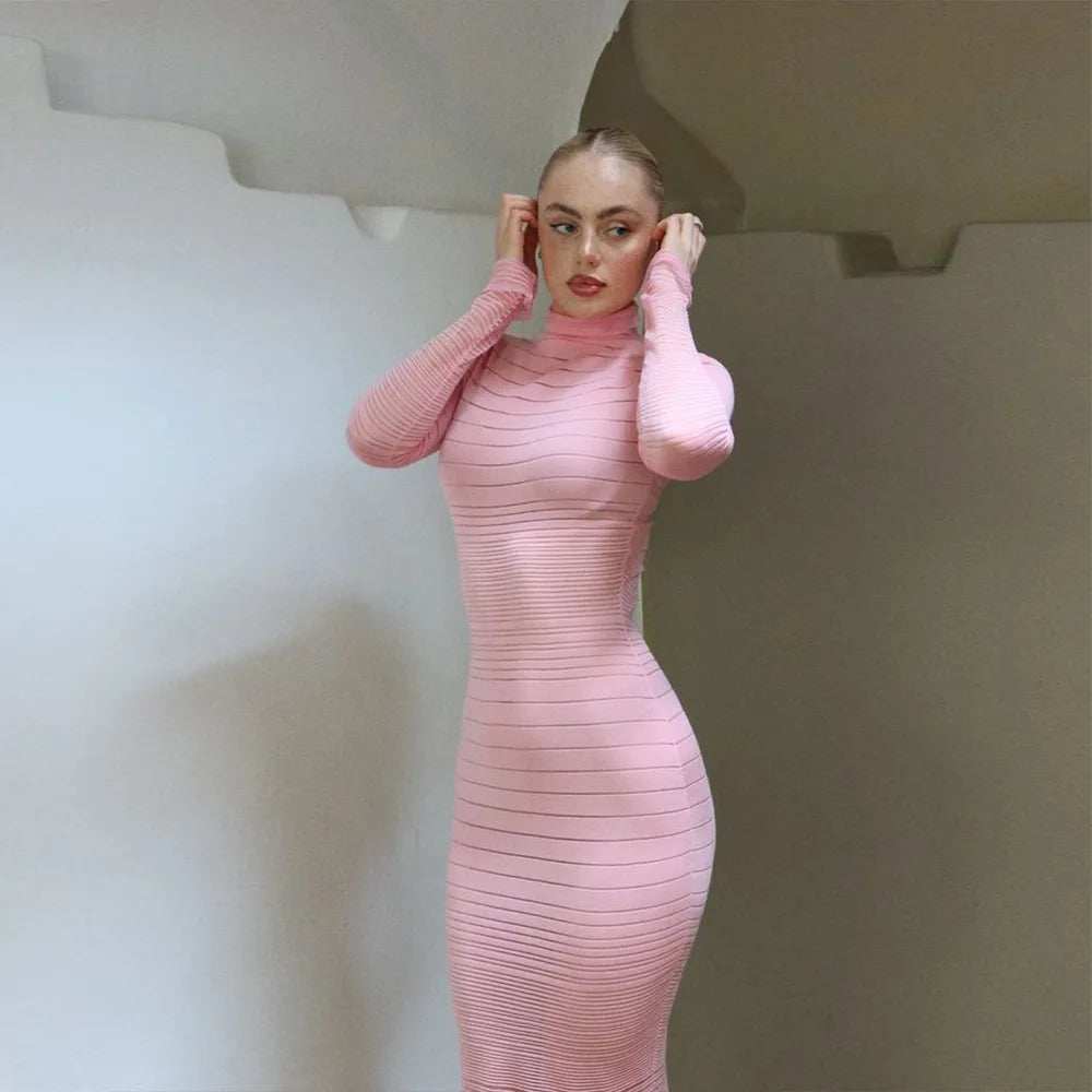 Ingvn  Autumn Winter Striped See-through Knitted Long Dress Streetwear Sexy Women's Half High Collar Bodycon Evening Party Dresses
