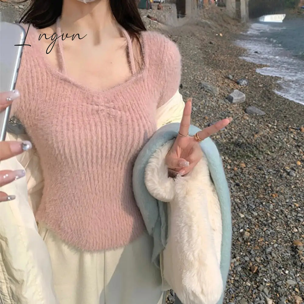 Ingvn - 2023 Spring Slim Knitted Y2k Tops Woman Pure Color Korea Fashion Pullover Clothing Chic Casual Long Sleeve Sweater Female Design