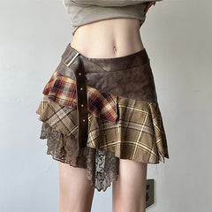 Irregular Design Sense Plaid Stitching Lace Wandering Waste Earth Style Distinctive Skirt Women's Hot Girl Stacked Pleated Skirt