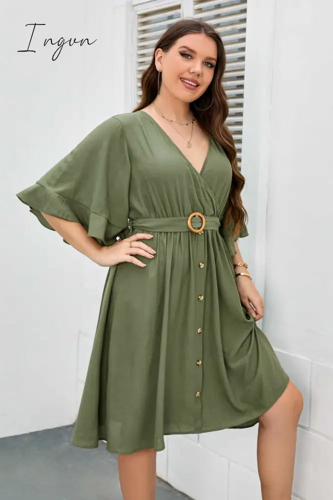 Ingvn - Plus Size Surplice Neck Half Sleeve Dress