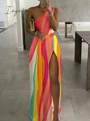 Ingvn - 2023 Fashion Trends Office Elegant One-Shoulder High Slit Long Dress Fashion Block Print Lady Club Slim Dress Sexy Off Shoulder Women Party Dresses