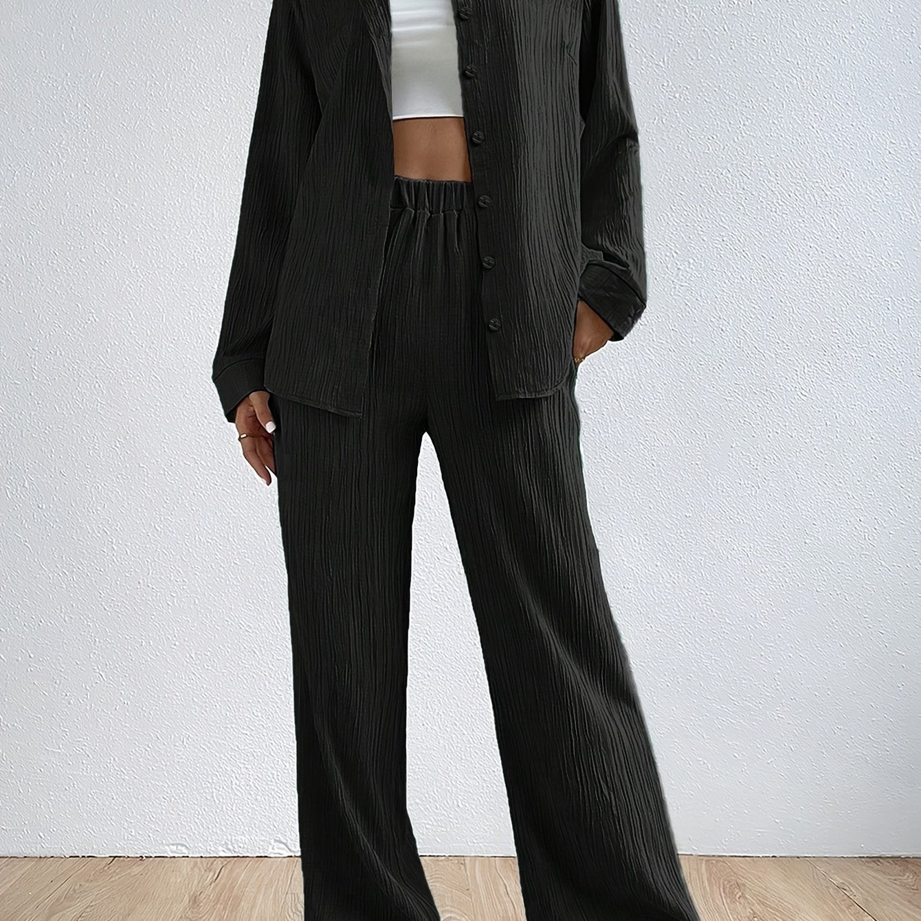 Stylish Solid Color Pantsuits - Women's Clothing - Long Sleeve Button Front Collared Shirt, Elastic Waist Wide Leg Pants, Comfortable Outfits for Daily Wear, Office, Party, and Casual Occasions