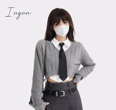 Ingvn - Women Harajuku Vintage 3 Pieces Set Women Grey Cardigan + A-line Pleated Skirt + White Shirt Preppy Style Three Piece Skirt Set