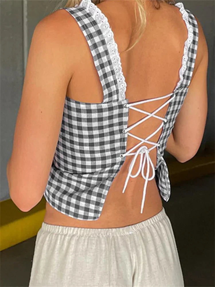 Women's Retro Plaid Tank Tops Sleeveless Button Down Lace Trim Cropped Tops Backless Bandage Casual Summer Vest Shirts New