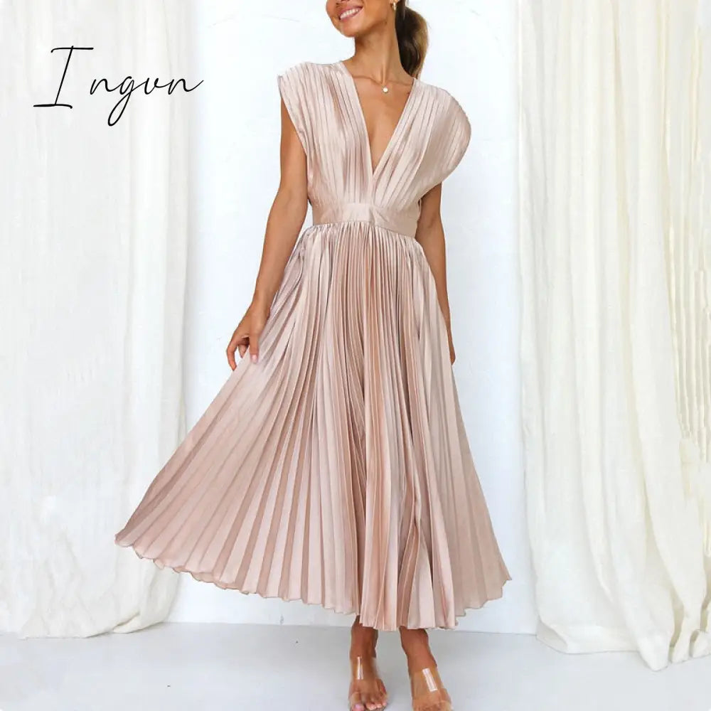 Ingvn - Spring Summer Sexy Women Dress Elegant Fashion Sleeveless V Neck Hollow Out Back Big Hem Pleated Dress
