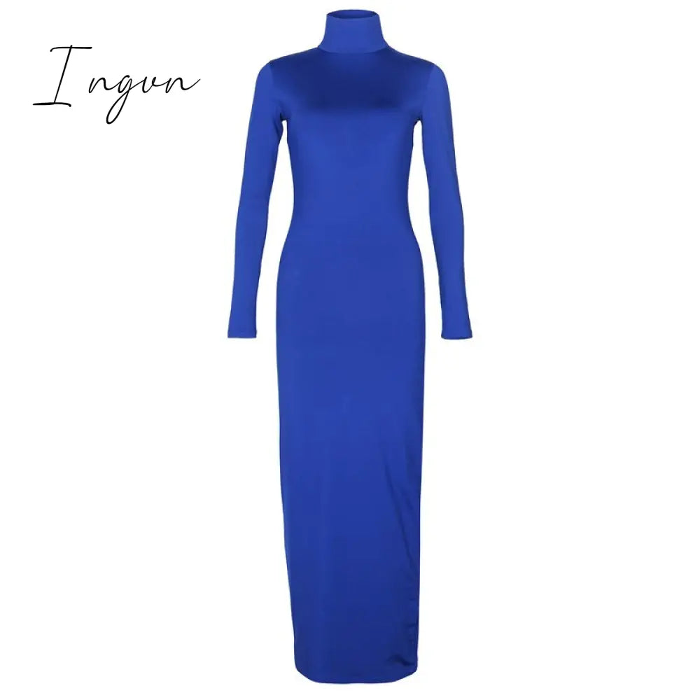 Ingvn - Turtleneck Long Dress Autumn Winter Muslim Elegant Office Lady Skinny Long Sleeve Bodycon Casual Dress Women Midi Clubwear GV464