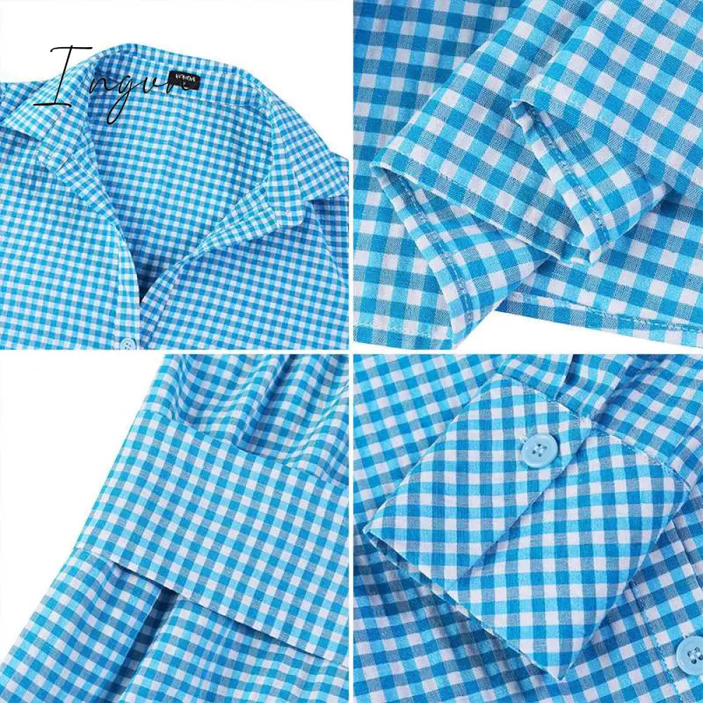 Ingvn - Spring Shirt Dress Women Long Sleeve Party Dresses Casual Lapel Button Vintage Belted Pockets Sundress Plaid Printed Robes