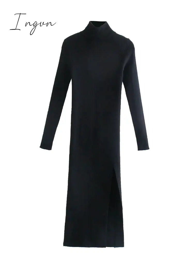 Ingvn - Dress Women Long Sleeves High-Neck Elastic Midi Dress Fashion Elegant Chic Lady Knit Sweater Dresses Women robe femme