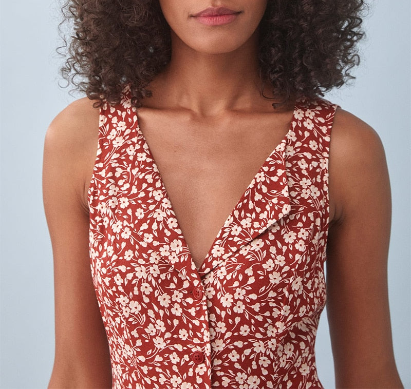 Summer Clothes For Women Elegant Vintage Floral Dress V Neck Sleeveless Button Back Waist Tie Mini Dress Vacation Beach Dress