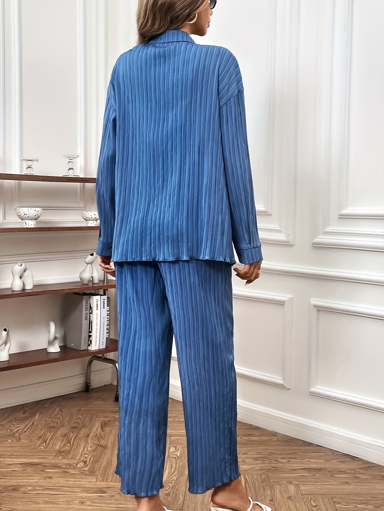 Solid Casual Two-piece Set, Button Front Long Sleeve Shirt & Wide Leg Pants Outfits, Women's Clothing