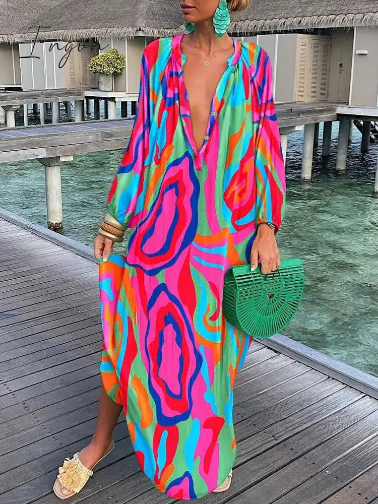 Ingvn - V-neck Casual Loose Floral Print Long Sleeve Maxi Dress