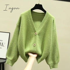 Ingvn - Oversized Cardigan Women Spring Casual Solid V Neck Long Sleeve Cardigan Sweater Female Knit Jacket Coat Green Pink