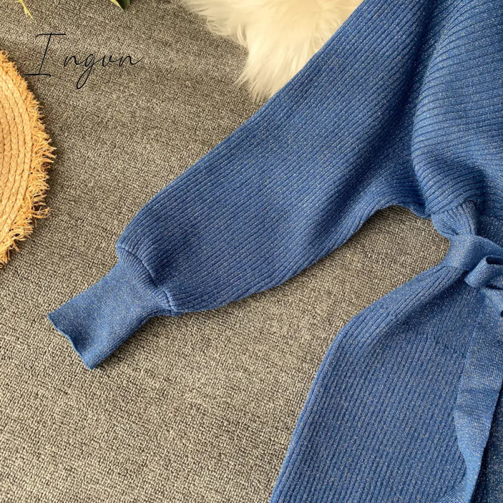 Ingvn - Women Shiny Knitted Dress Sexy V Neck Puff Sleeve Elastic Sheath Knitting Dress Autumn Solid Bow Sashes Pencil Dress