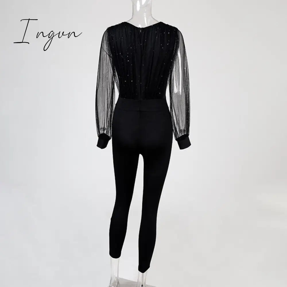 Ingvn - Rompers Womens Jumpsuit Black Elegant Sequins Mesh Glitter Party Night Sexy Spring Long Pants One Piece Clothes Overalls