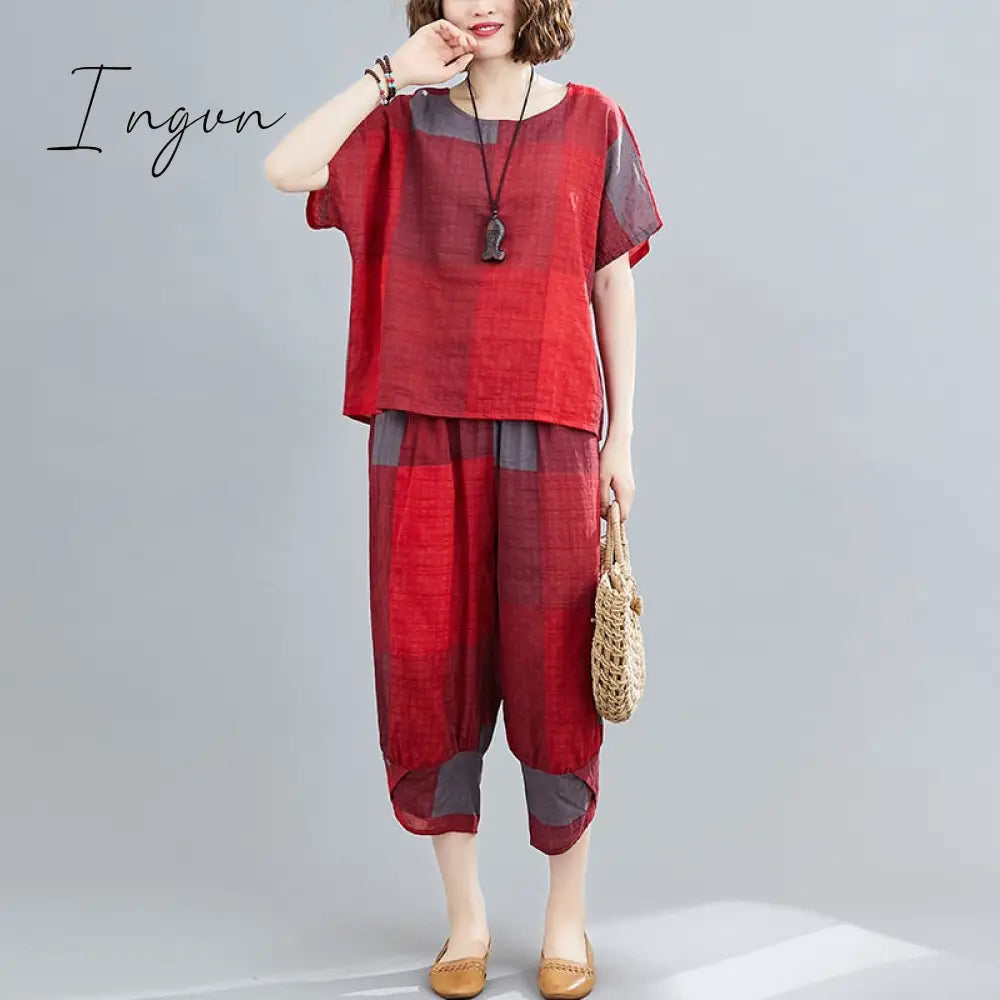 Ingvn - Thin Soft Cotton Linen Loose Women Clothes Set Tops Harem Pants Two Piece Casual Set Vintage Plaid Lady Summer Fashion Set Suits