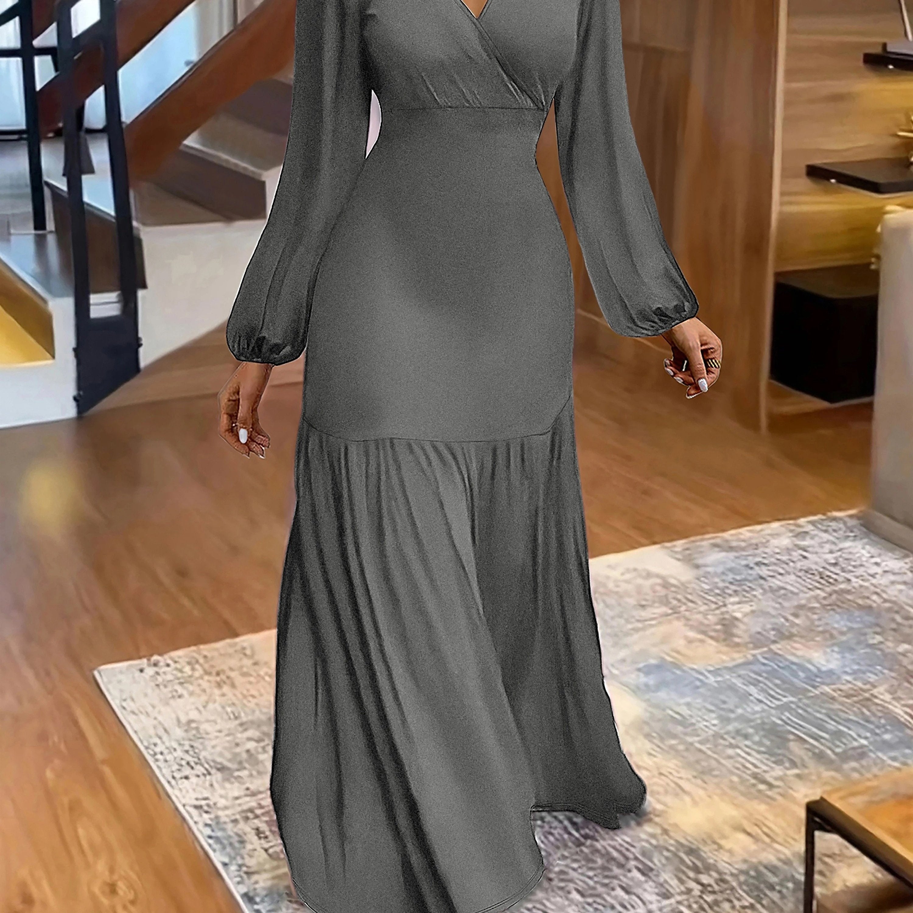 Stunning Ruched Maxi Dress - Elegant V Neck, Lantern Long Sleeves, Party-Perfect, Women's Clothing for Special Occasions