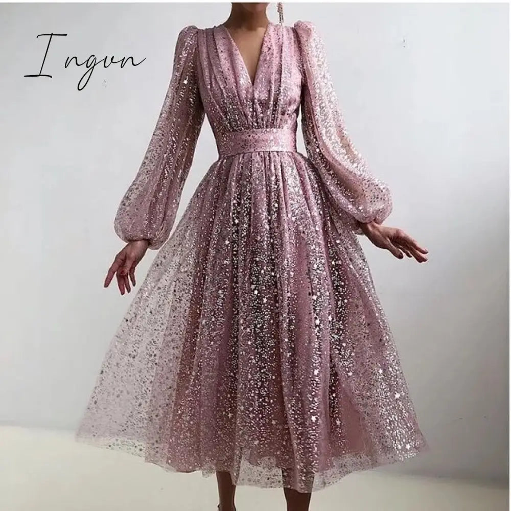 Ingvn - Elegant Long Sleeve Pattern Print Party Dress Summer Women Fashion V-Neck Patchwork Maxi Dress Lady Sexy Hollow Out Office Dress