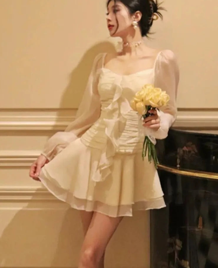 Women Spring Fashion Ruffles Mini Dress Elegant Casual Long Sleeve Birthday Evening Party Vestidos Summer Female One Pieces Robe
