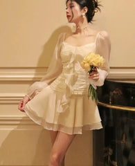 Women Spring Fashion Ruffles Mini Dress Elegant Casual Long Sleeve Birthday Evening Party Vestidos Summer Female One Pieces Robe