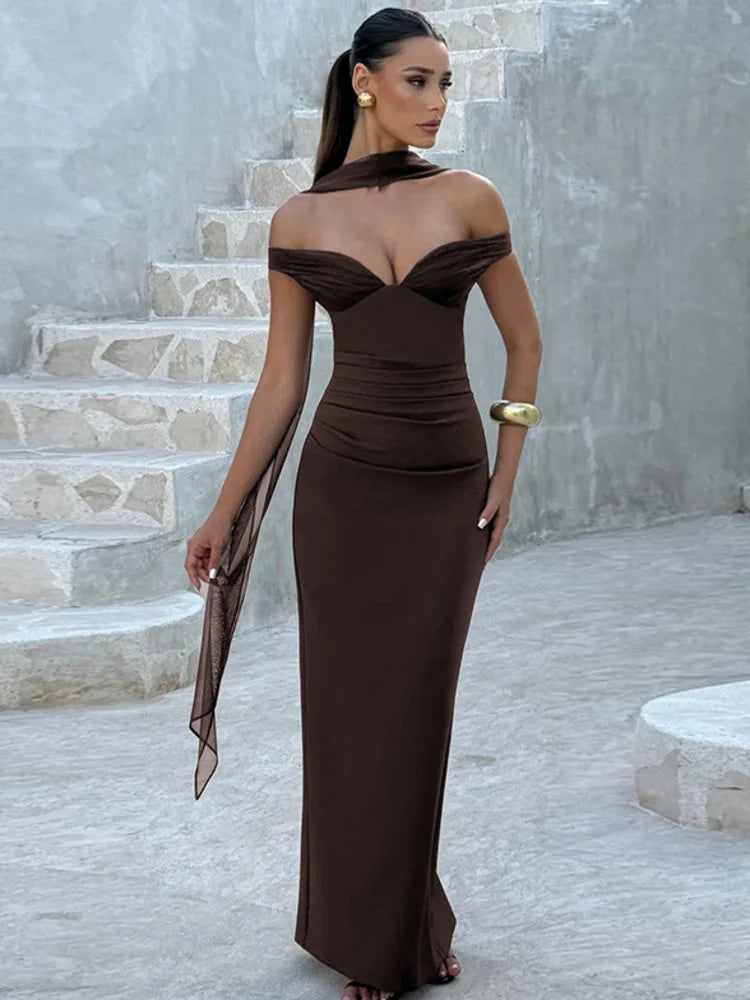 Elegant Off-shoulder Backless Sexy Maxi Dress Women Gown Fashion Scarf Collar Sleeveless Bodycon Club Party Long Dress