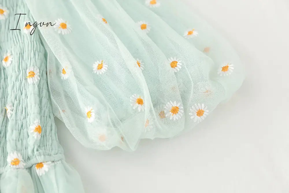 Ingvn - small daisies embroidery mesh dresses women sexy off the shoulder french vintage party ruffle dresses elegant vestidos