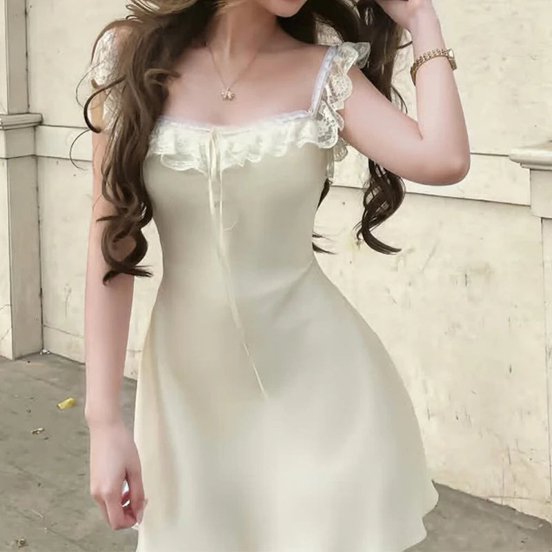 Romantic Girl Lace Spliced Sexy Off Shoulder Dress Women Short Sleeve Slim A-line Mini Dresses Summer Robe