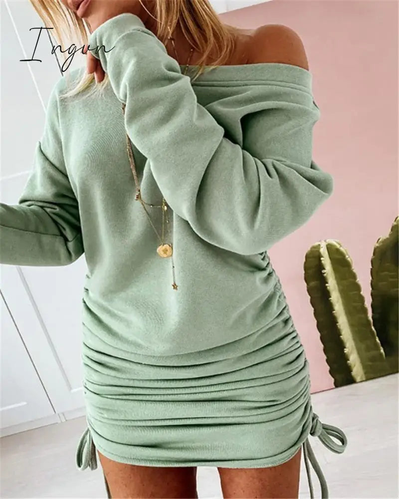 Ingvn - Women Sexy Mini Dress Casual Ruffled Drawstring Solid Pencil Dress Autumn Long Sleeve Off Shoulder Pullovers Ladies Slim Dress