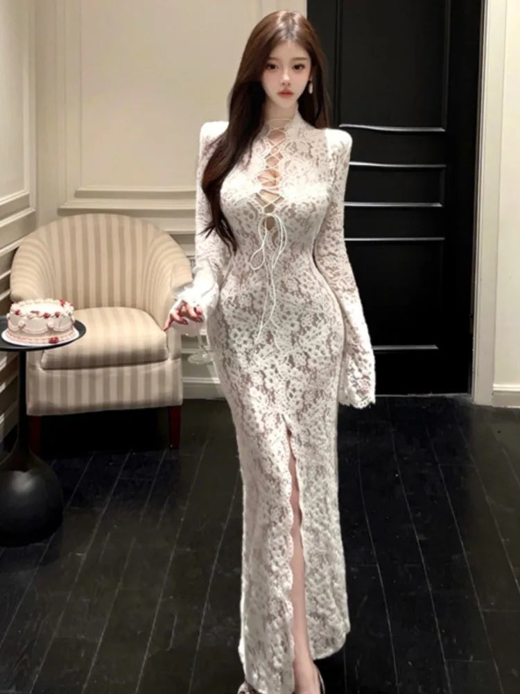 Autumn Sexy Long Sleeves Party Dress for Women Elegant Hollow Out Lace Bandage Bodycon Prom Vestidos Female Split Robe Outfits