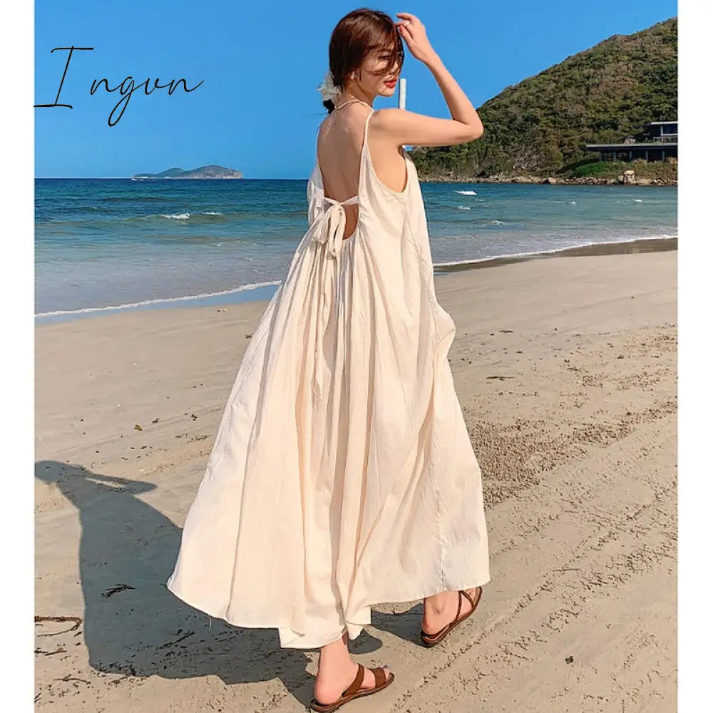 Ingvn - Lace-Up Designer Backless Midi Beach Loose Dresses Korean 2023 New Fashion Strappy Clothing Long Casual Ladies Dress for Women