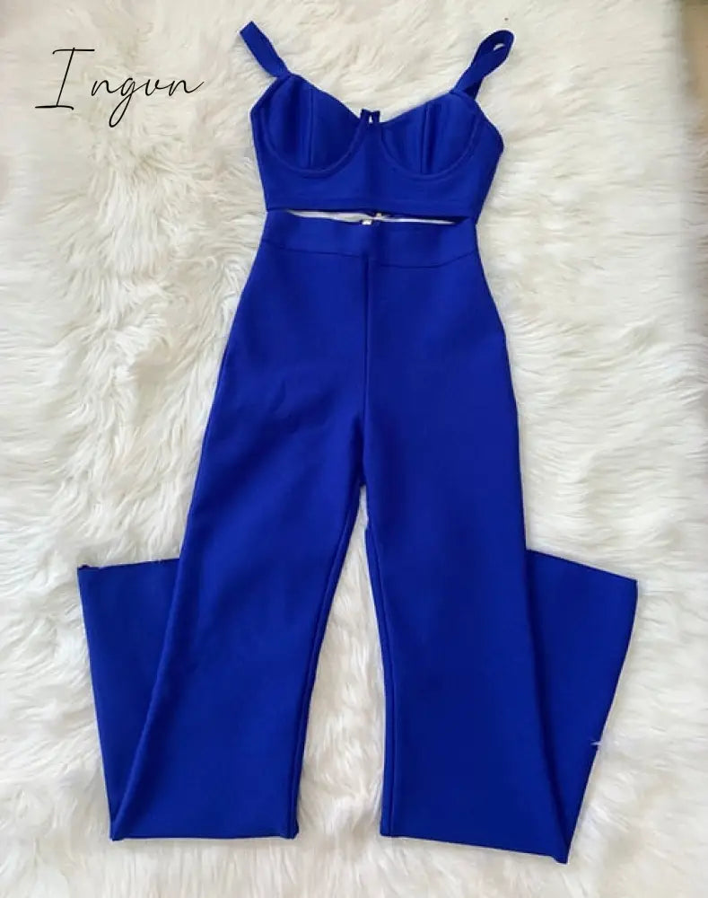 Ingvn - Summer New Women's Fashion Sexy Bandage 2 Two-piece Set Sleeveless Tight Short Top &  High Waist Flared Trousers Pants Set
