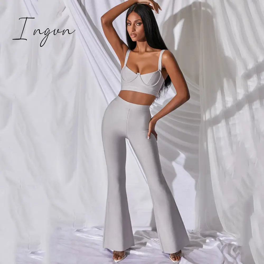 Ingvn - Set 2 Pieces Strap Sleeveless Bustiers And Long Bell-Bottoms Trousers Sexy Celebrity Party Sheath Vestidos  Dobanmbd