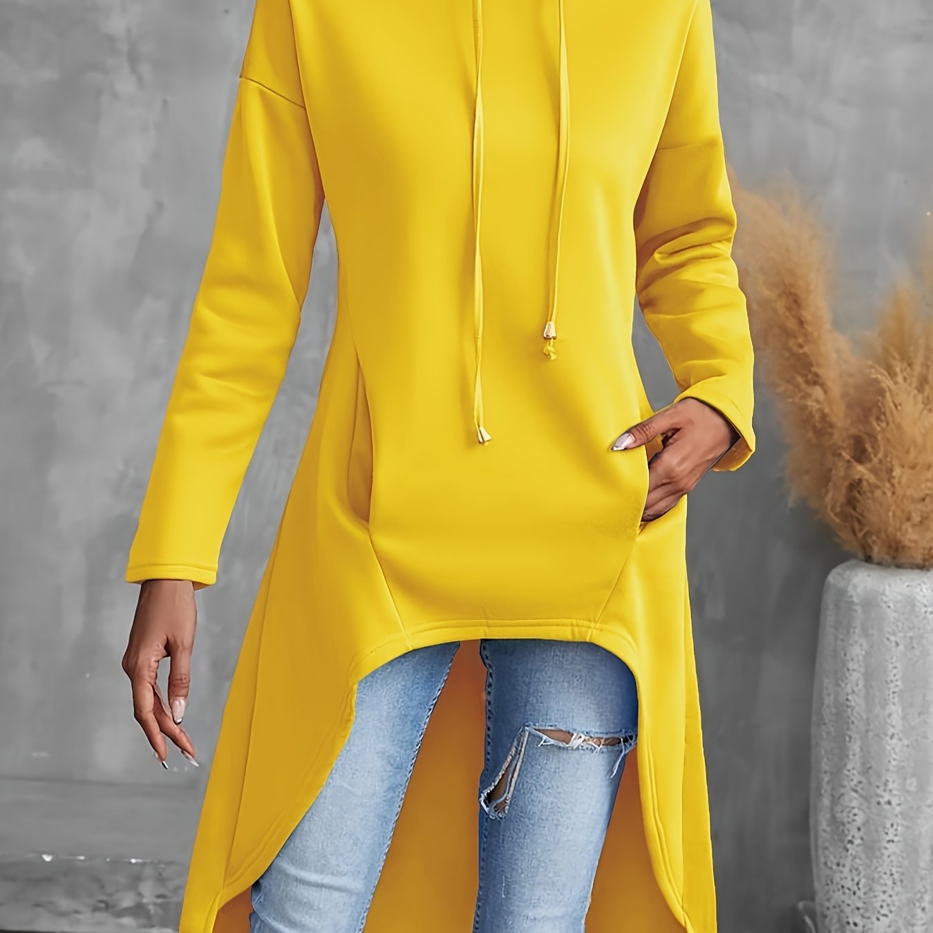Solid Color Hig-low Hoodie, Casual Long Sleeve Drawstring Hoodie Sweatshirt, Women's Clothing
