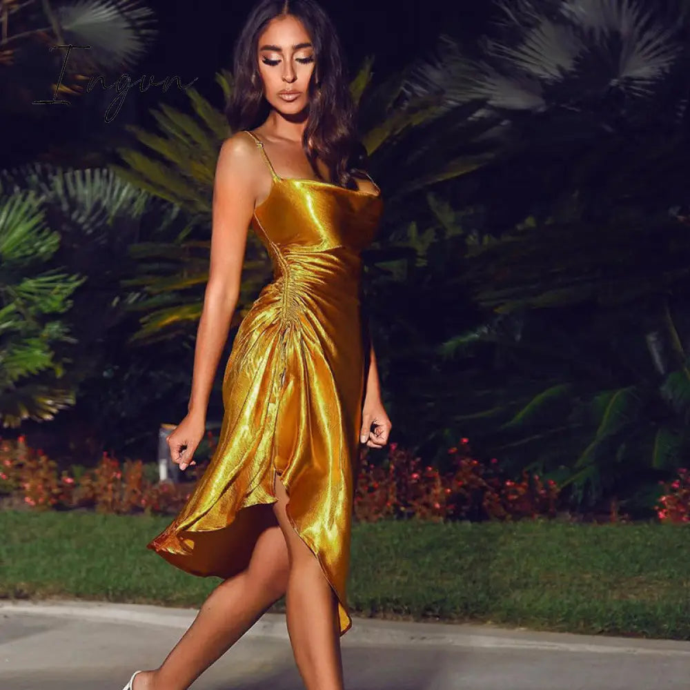 Ingvn - Satin Side Split Ruched Women's Dress Sleeveless Square Collar Party Dresses Solid Elegant Clubwear Evening Vestidos