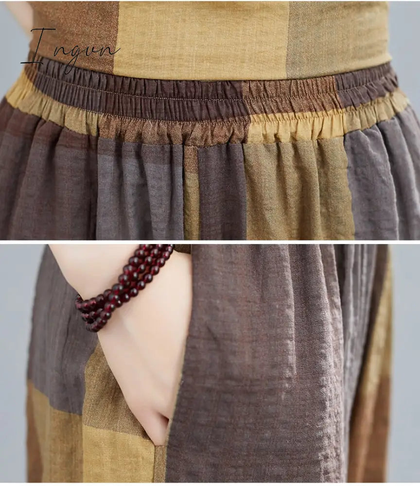 Ingvn - Thin Soft Cotton Linen Loose Women Clothes Set Tops Harem Pants Two Piece Casual Set Vintage Plaid Lady Summer Fashion Set Suits
