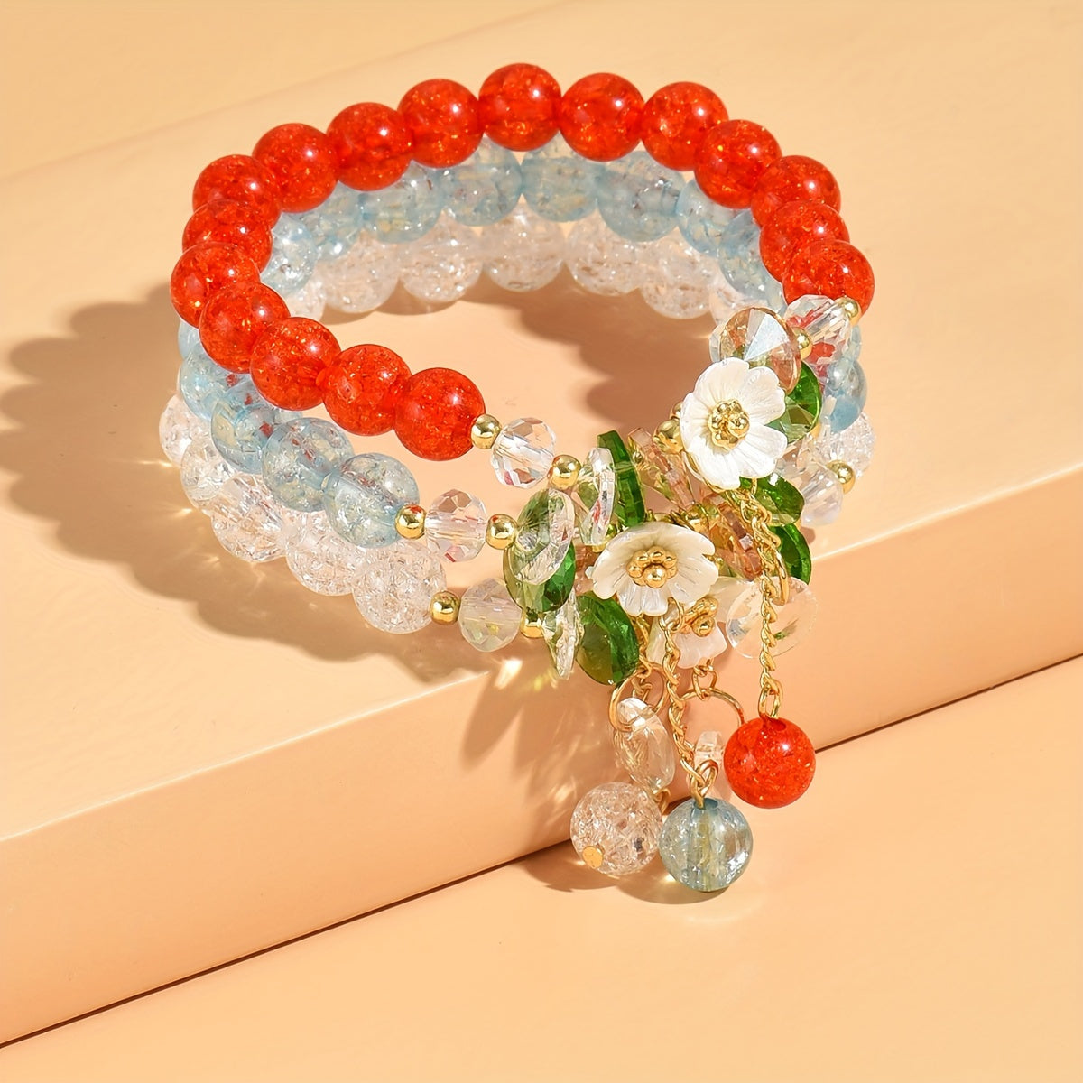3pc Colorful Faux Crystal Beads Beaded Bracelet Elastic Stretch Versatile Hand String Jewelry Set