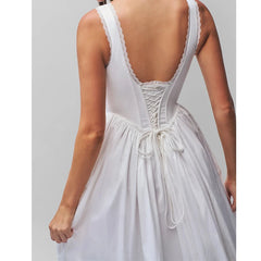 Elegant Women Sexy Backless O Neck White Tank Dress Pleated Swing Hem A-line Midi Summer Dress Lace Up Sundress Holiday