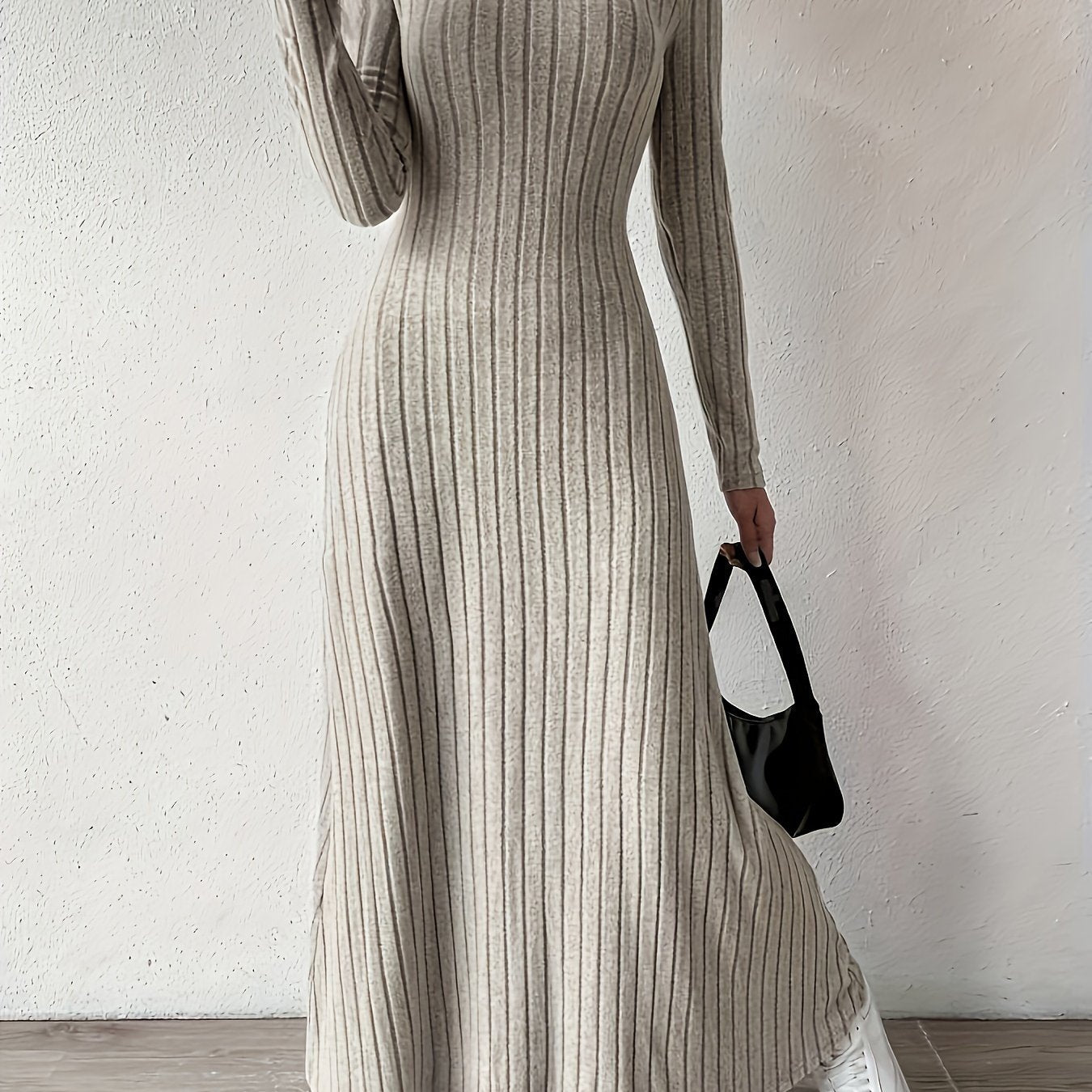 Long Sleeve Ankle Ribbed Crew Neck Sweater Dress for Fall & Winter, Elegant Women's Clothing