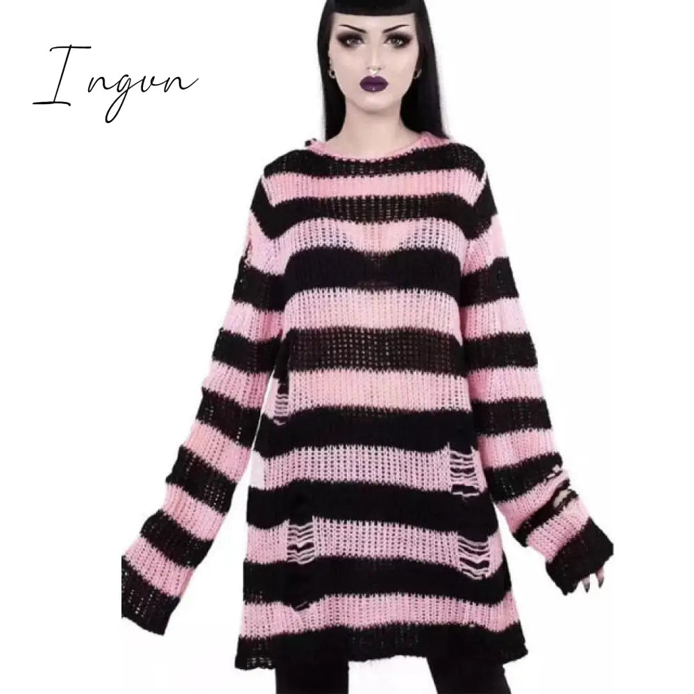Ingvn - Punk Gothic Long Unisex Sweater  Summer Women Striped Cool Hollow Out Hole Broken Jumper Loose Rock Thin Dark Streetwear Top