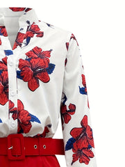 Two-piece Set, Comfy Floral Print Blouse with Button Front & Wide Leg Solid Pants, Casual Women's Clothing