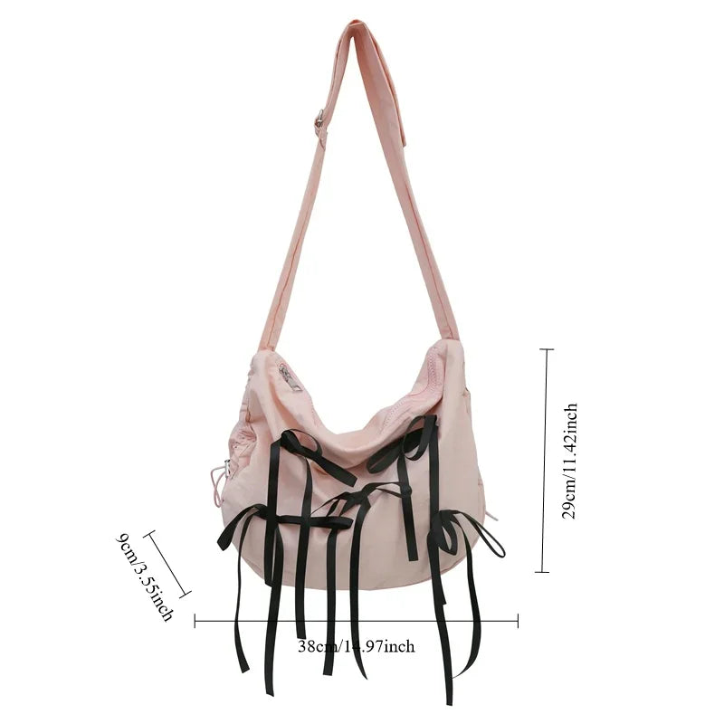 Ingvn  Sweet Preppy Style Nylon Color Contrast Color Bow Shoulder Bag Large Capacity Lightweight Women Crossbody Pretty Tote Bag