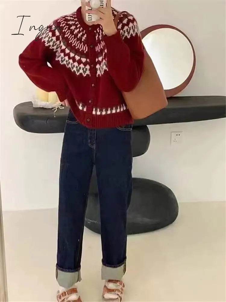 Ingvn - Women's Ugly Christmas Sweater Cardigan Sweater Jumper Ribbed Knit Patchwork Button Geometric Crew Neck Stylish Casual Christmas Daily Fall Winter Red Navy Blue One-Size