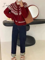Ingvn - Women's Ugly Christmas Sweater Cardigan Sweater Jumper Ribbed Knit Patchwork Button Geometric Crew Neck Stylish Casual Christmas Daily Fall Winter Red Navy Blue One-Size