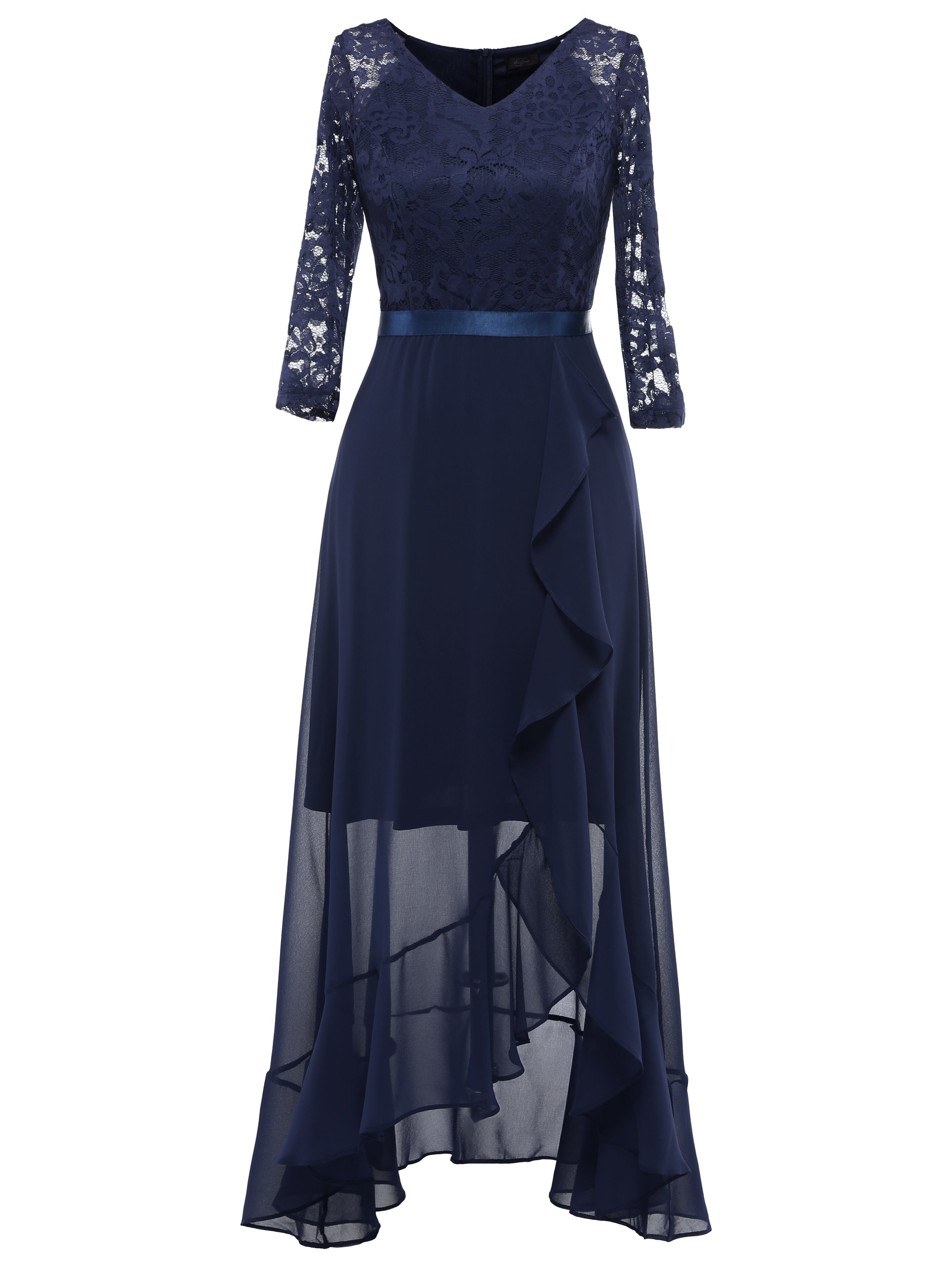 Solid Lace Splicing Aline Dress, Elegant V-neck Ruffle Hem Asymmetrical Dress For Wedding Party, Women's Clothing Wedding graduation engagement occasion ceremony party holiday vacation birthday