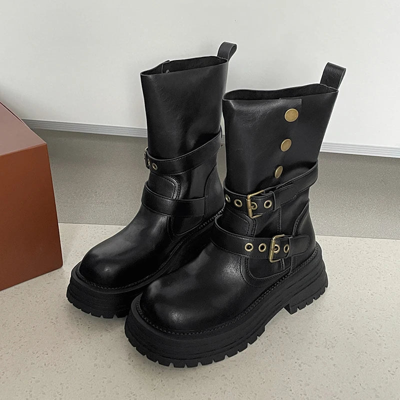 Ingvn  Vintage Black Women Western Cowgirl Boots Fashion Belt Buckle Knight Mid Calf Booties Ladies Elegant Thick Heels Botas Mujer